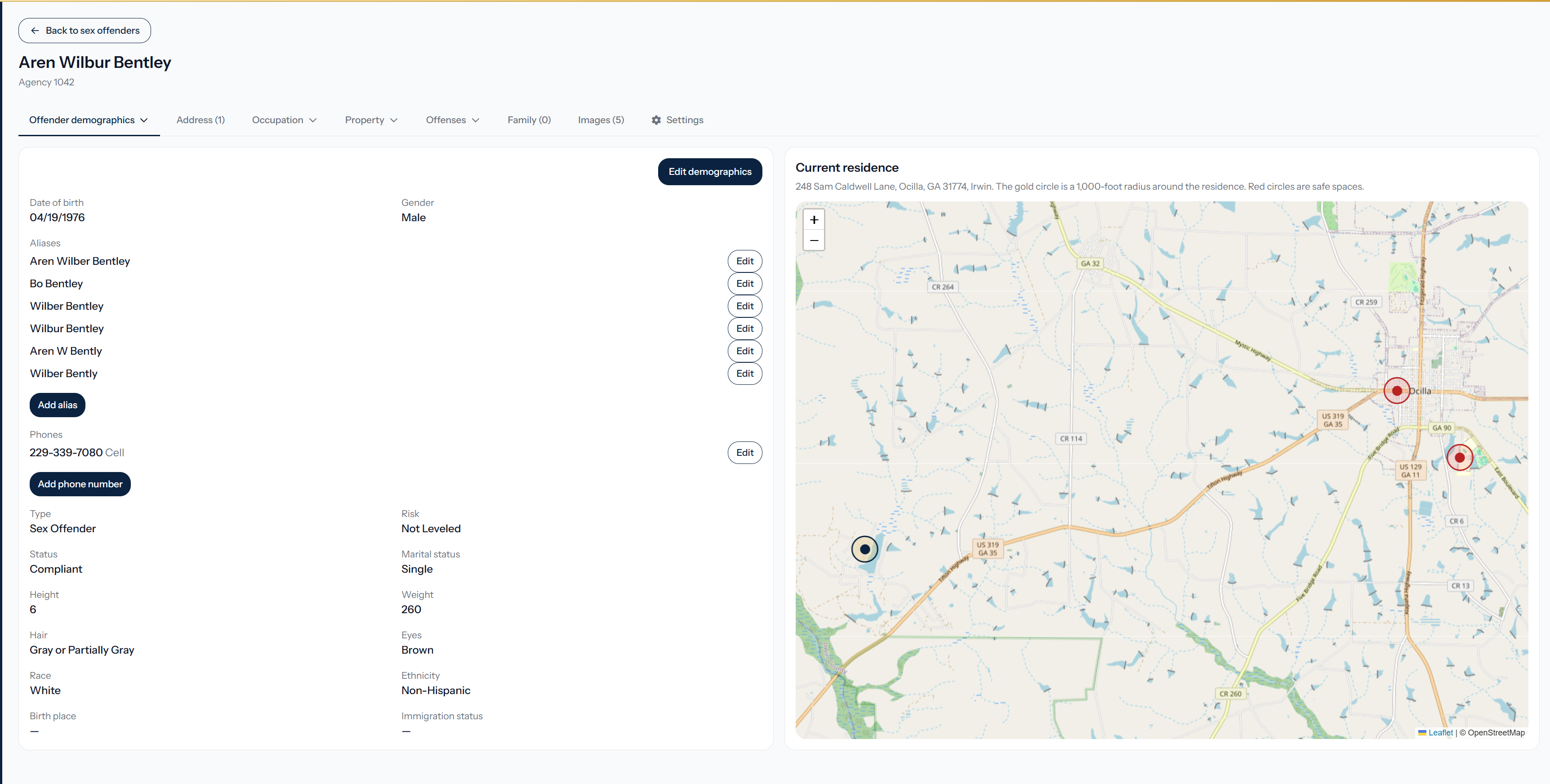 Hyperion offender record with aliases, phone numbers, and a residence map