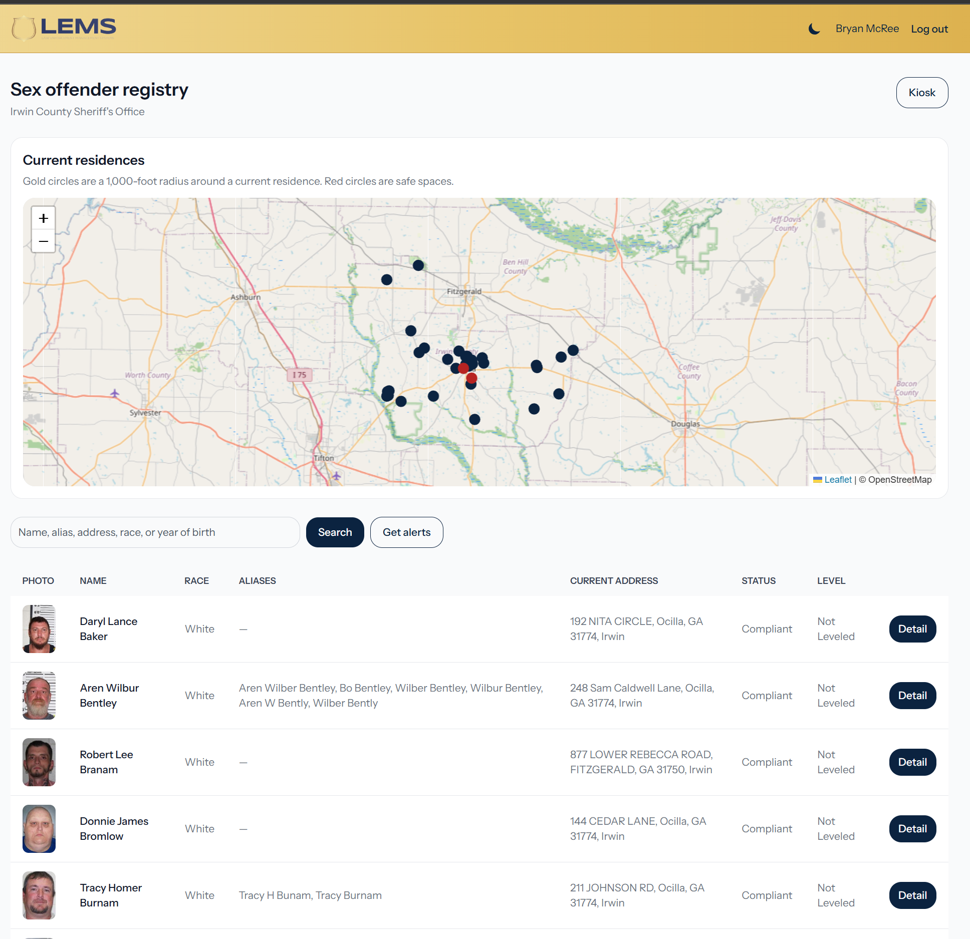 Public sex offender registry with a residence map, search, and kiosk link